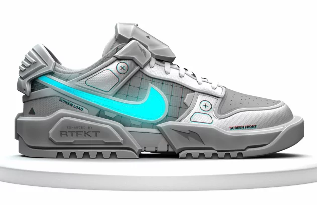 Tênis futurista cinza e branco com swoosh Nike azul neon e design tecnológico "ENHANCED BY RTFKT".