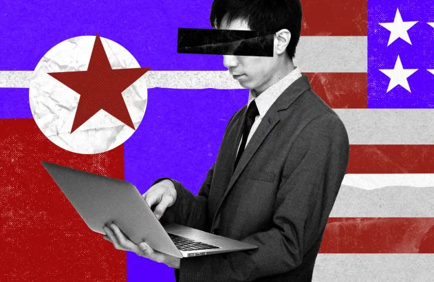 Homem de terno com laptop, rosto coberto por tarja, contra bandeiras dos EUA e Coreia do Norte. Representa ciberatividade.