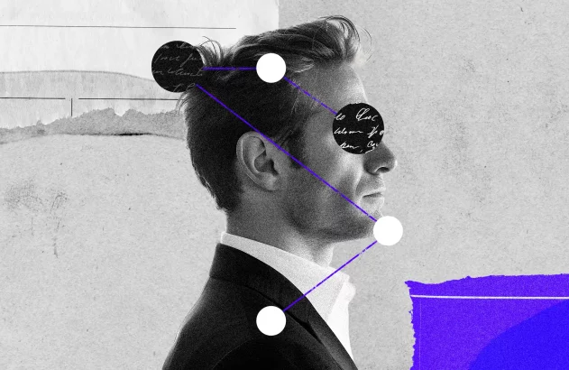 Fotografia em preto e branco de homem perfil com terno e camisa clara, fundo cinza. Elementos pretos com escrita cursiva cobrem olhos, linhas roxas e círculos brancos criam conexão visual.