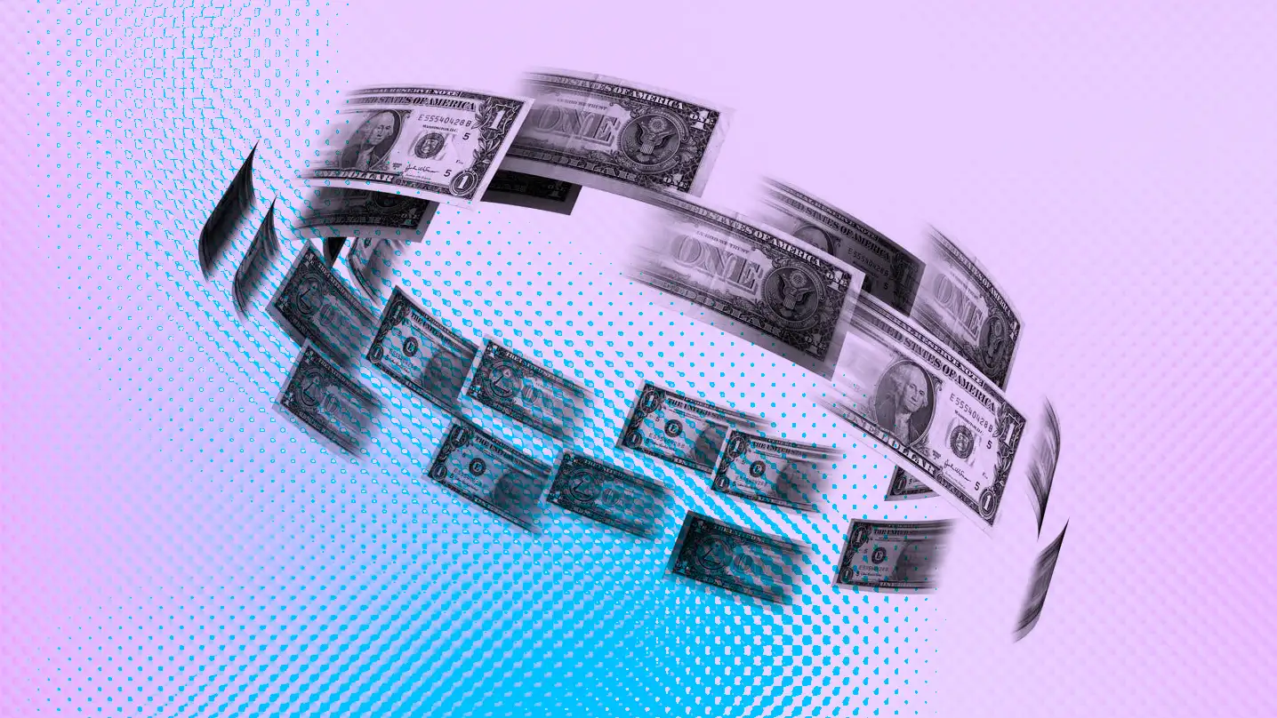 Notas de dólar dispostas em padrão circular, sugerindo movimento em torno de um eixo. Fundo com gradiente rosa a azul e pontos azuis, efeito de borrão nas notas enfatiza movimento.