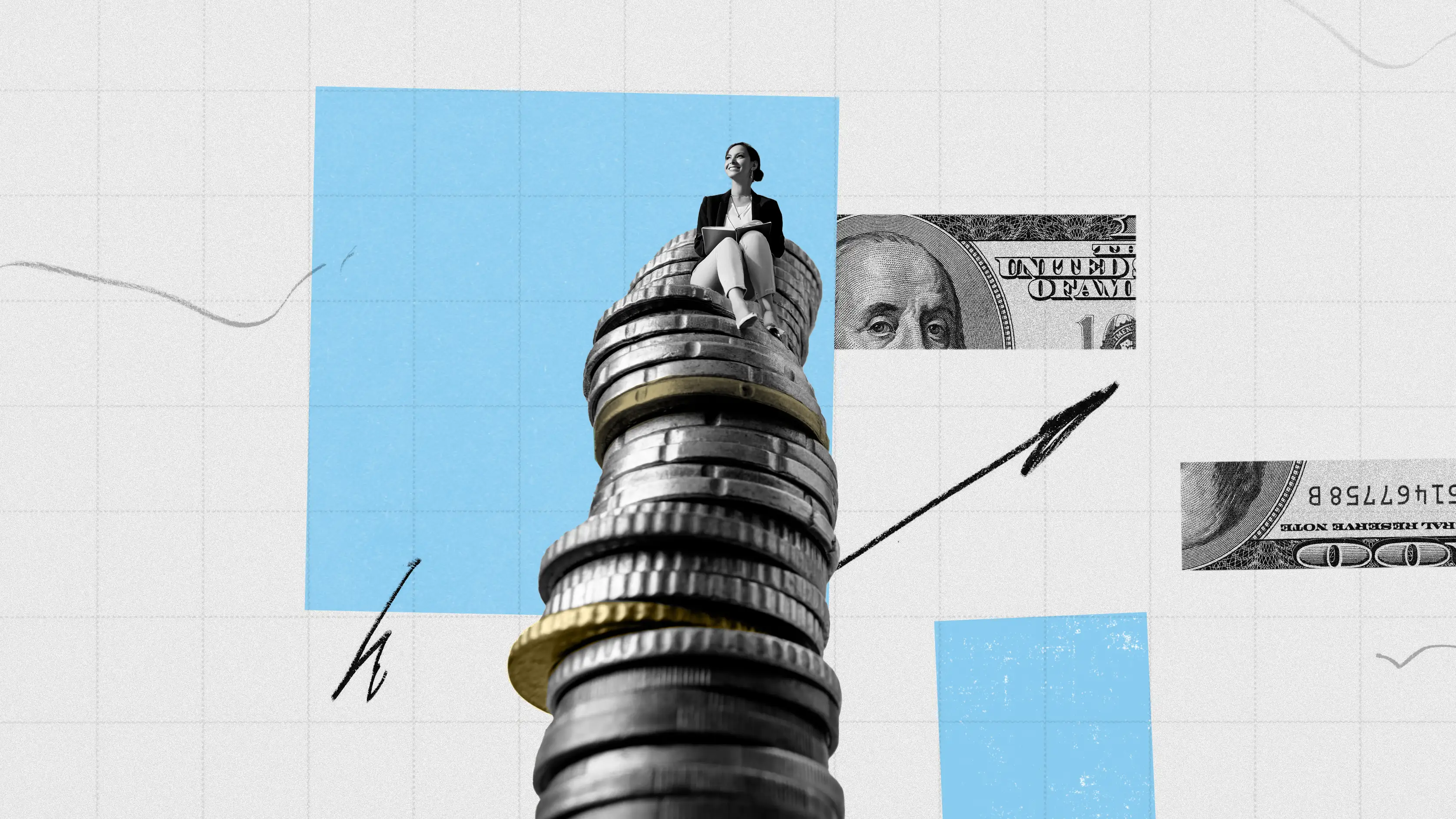 Imagem com pilha de moedas no centro e mulher vestida profissionalmente sentada em cima, segurando um notebook. Fundo com grid e quadrados azuis, cédulas de dólar em preto e branco à direita, além de linhas e setas desenhadas.