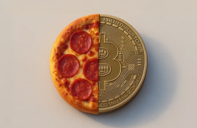Uma pizza pepperoni fundida com uma moeda de Bitcoin.
