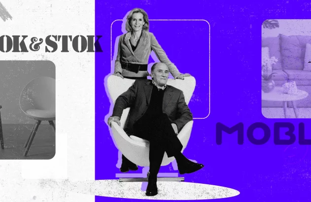 Comparativo de marcas de móveis: Tok & Stok (logo e cadeiras) e Mobbly (logo e sala). Pessoas em destaque.