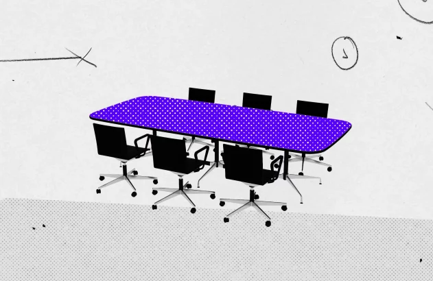 Mesa de reunião roxa com cadeiras pretas, rodeada por esboços de relógios e metas em fundo claro.
