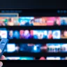 Imagem de uma pessoa com controle remoto apontando para televisão desfocada. Tela exibe miniaturas coloridas organizadas, semelhante a serviço de streaming.