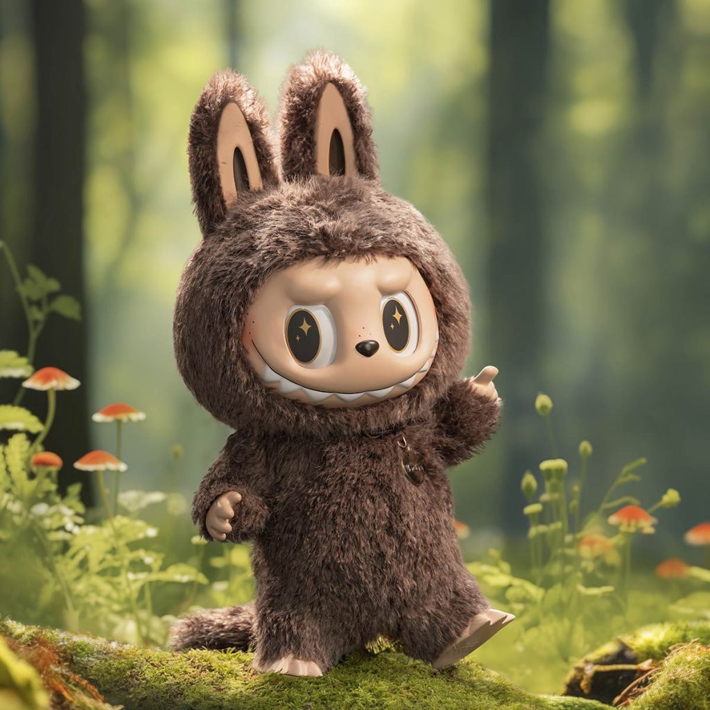 Labubu é um bichinho de pelúcia com orelhas cumpridas, olhos grandes, dentes para fora da boca. Este da imagem é marro e está em uma floresta