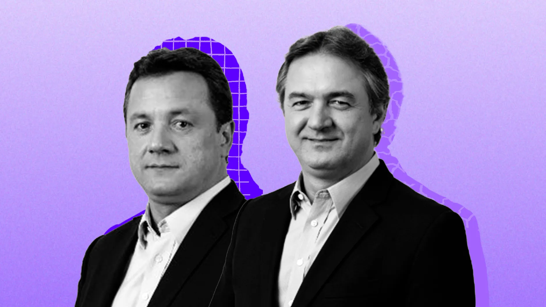 A imagem mostra duas pessoas em destaque, ambas usando ternos escuros e camisas claras; a pessoa à esquerda está séria, enquanto a da direita sorri levemente. O fundo em gradiente lilás e roxo, com silhuetas azuis, cria um contraste visual moderno e chamativo.