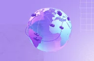A imagem mostra uma representação estilizada do globo terrestre em tons de roxo, azul e rosa sobre um fundo roxo. Pilhas de cédulas estão distribuídas em diferentes locais do globo, conectadas por linhas pontilhadas que indicam fluxo entre localidades, sugerindo uma conexão global. No canto direito, uma grade geométrica sugere precisão, com cores vibrantes acentuando o tema de finanças e transações internacionais.