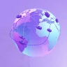 A imagem mostra uma representação estilizada do globo terrestre em tons de roxo, azul e rosa sobre um fundo roxo. Pilhas de cédulas estão distribuídas em diferentes locais do globo, conectadas por linhas pontilhadas que indicam fluxo entre localidades, sugerindo uma conexão global. No canto direito, uma grade geométrica sugere precisão, com cores vibrantes acentuando o tema de finanças e transações internacionais.