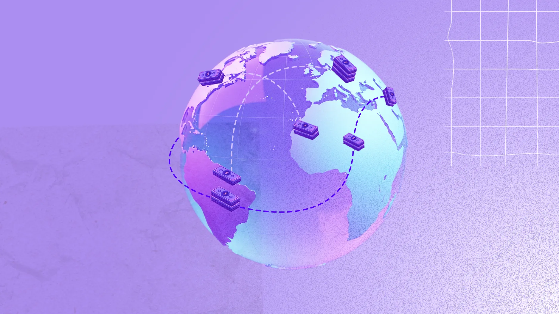 A imagem mostra uma representação estilizada do globo terrestre em tons de roxo, azul e rosa sobre um fundo roxo. Pilhas de cédulas estão distribuídas em diferentes locais do globo, conectadas por linhas pontilhadas que indicam fluxo entre localidades, sugerindo uma conexão global. No canto direito, uma grade geométrica sugere precisão, com cores vibrantes acentuando o tema de finanças e transações internacionais.