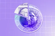 A imagem exibe um fundo roxo texturizado com uma grade branca. No centro, há a justaposição de duas cédulas: à esquerda, parte de uma nota de 5 reais do Brasil em lilás e branco; à direita, metade de uma nota de 1 dólar dos EUA com a imagem de George Washington. A composição destaca o contraste visual entre as duas moedas.