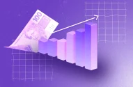 A imagem mostra um fundo roxo com um gráfico de barras em tons de roxo e rosa apontando para cima, sugerindo crescimento. À esquerda, uma cédula estilizada de 100 reais em tom roxo sobrepõe-se parcialmente ao gráfico, enquanto uma seta branca subindo reforça a ideia de progresso. O design moderno combina temas financeiros com gráficos de evolução.