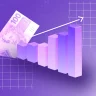 A imagem mostra um fundo roxo com um gráfico de barras em tons de roxo e rosa apontando para cima, sugerindo crescimento. À esquerda, uma cédula estilizada de 100 reais em tom roxo sobrepõe-se parcialmente ao gráfico, enquanto uma seta branca subindo reforça a ideia de progresso. O design moderno combina temas financeiros com gráficos de evolução.