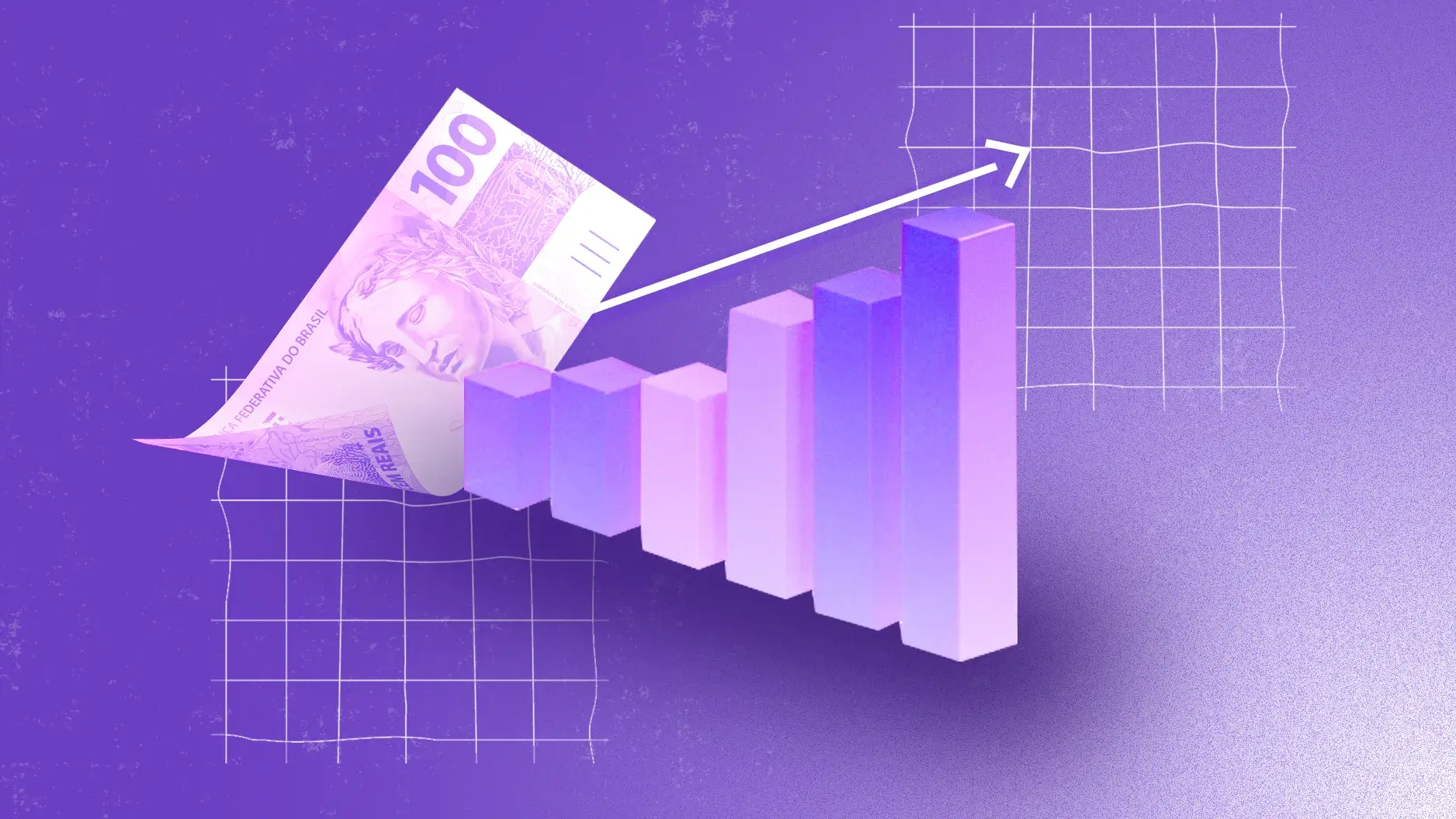 A imagem mostra um fundo roxo com um gráfico de barras em tons de roxo e rosa apontando para cima, sugerindo crescimento. À esquerda, uma cédula estilizada de 100 reais em tom roxo sobrepõe-se parcialmente ao gráfico, enquanto uma seta branca subindo reforça a ideia de progresso. O design moderno combina temas financeiros com gráficos de evolução.
