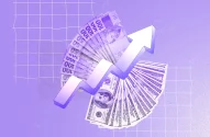 A imagem exibe um fundo roxo com uma grade sutil de linhas brancas, conferindo organização. Centralizadas, notas de 100 reais à esquerda e de 100 dólares à direita estão dispostas em leque. Um gráfico de seta ascendente atravessa diagonalmente, sugerindo crescimento econômico. A paleta roxa dá um toque moderno à composição.