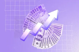 A imagem exibe um fundo roxo com uma grade sutil de linhas brancas, conferindo organização. Centralizadas, notas de 100 reais à esquerda e de 100 dólares à direita estão dispostas em leque. Um gráfico de seta ascendente atravessa diagonalmente, sugerindo crescimento econômico. A paleta roxa dá um toque moderno à composição.