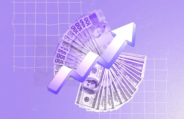 A imagem exibe um fundo roxo com uma grade sutil de linhas brancas, conferindo organização. Centralizadas, notas de 100 reais à esquerda e de 100 dólares à direita estão dispostas em leque. Um gráfico de seta ascendente atravessa diagonalmente, sugerindo crescimento econômico. A paleta roxa dá um toque moderno à composição.