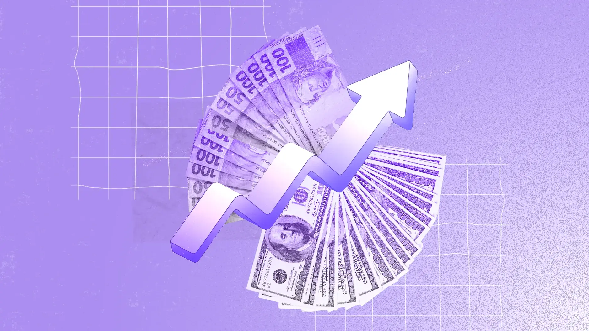 A imagem exibe um fundo roxo com uma grade sutil de linhas brancas, conferindo organização. Centralizadas, notas de 100 reais à esquerda e de 100 dólares à direita estão dispostas em leque. Um gráfico de seta ascendente atravessa diagonalmente, sugerindo crescimento econômico. A paleta roxa dá um toque moderno à composição.
