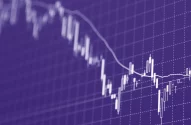 Gráfico de velas em fundo roxo com velas brancas mostrando dados financeiros. Linhas pontilhadas e uma linha branca representam uma média móvel para análise de tendências.