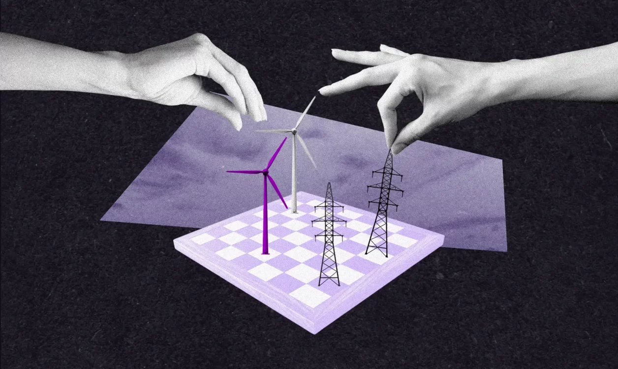 Mãos movem turbinas e torres de energia em tabuleiro de xadrez roxo, representando escolhas estratégicas.