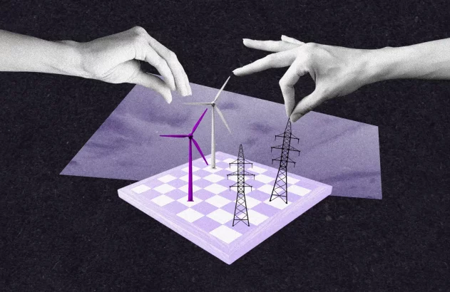 Mãos movem turbinas e torres de energia em tabuleiro de xadrez roxo, representando escolhas estratégicas.