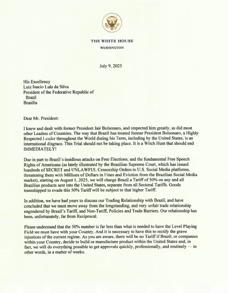 Carta de Trump ao presidente Lula