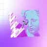 A imagem apresenta uma composição artística com tons de roxo e lilás, mesclando elementos clássicos e modernos. À esquerda, uma estrutura diagonal lembra partes de um prédio; ao centro, uma figura humana parece em movimento; à direita, um busto clássico azul se destaca. O fundo tem um gradiente suave e elementos gráficos sutis.