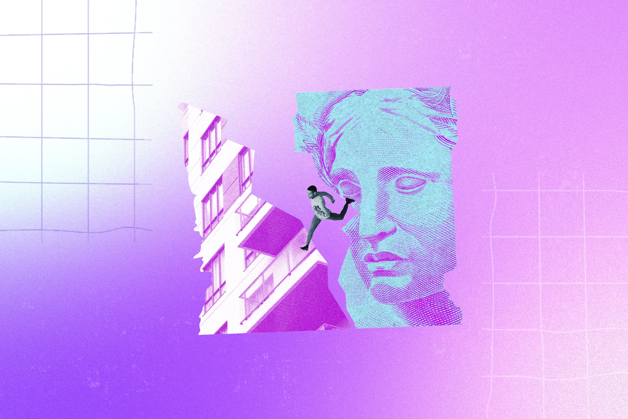 A imagem apresenta uma composição artística com tons de roxo e lilás, mesclando elementos clássicos e modernos. À esquerda, uma estrutura diagonal lembra partes de um prédio; ao centro, uma figura humana parece em movimento; à direita, um busto clássico azul se destaca. O fundo tem um gradiente suave e elementos gráficos sutis.