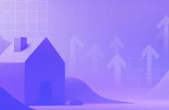 A imagem apresenta um fundo roxo com uma cena moderna e abstrata. Há formas geométricas de uma casa estilizada e setas apontando para cima, simbolizando crescimento e progresso, com colinas e um padrão de grade fina sugerindo temas financeiros.