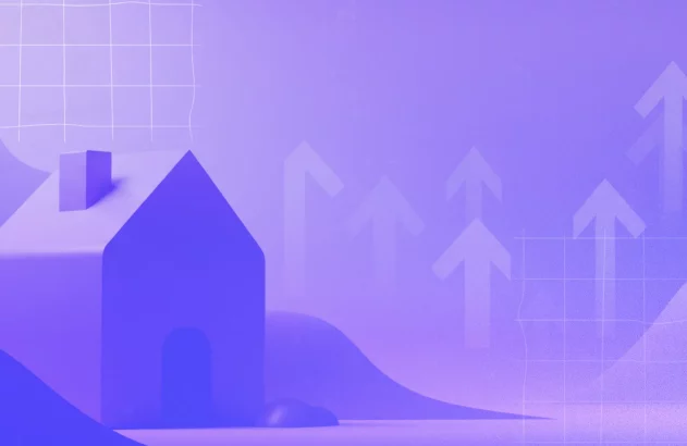 A imagem apresenta um fundo roxo com uma cena moderna e abstrata. Há formas geométricas de uma casa estilizada e setas apontando para cima, simbolizando crescimento e progresso, com colinas e um padrão de grade fina sugerindo temas financeiros.