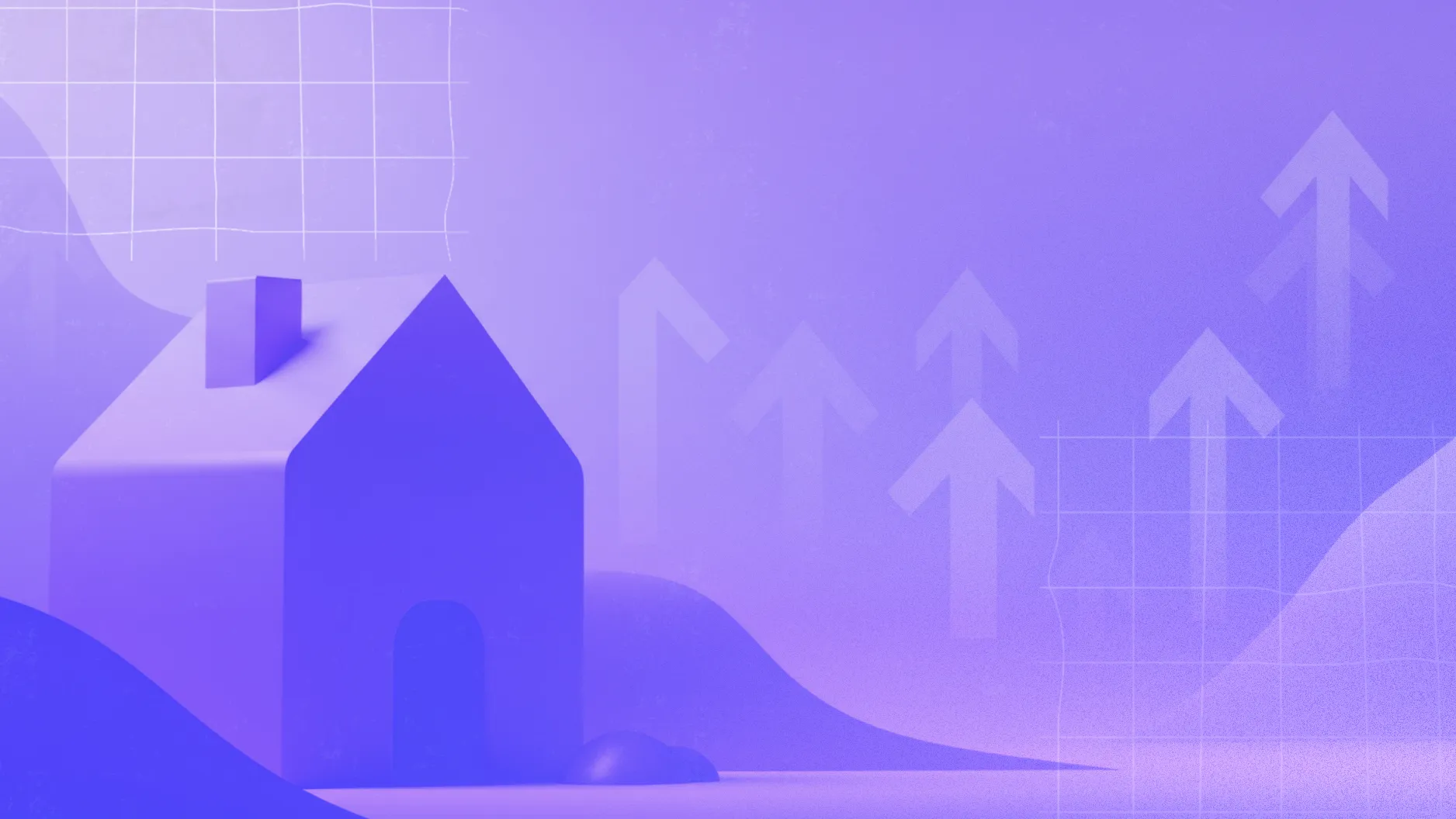 A imagem apresenta um fundo roxo com uma cena moderna e abstrata. Há formas geométricas de uma casa estilizada e setas apontando para cima, simbolizando crescimento e progresso, com colinas e um padrão de grade fina sugerindo temas financeiros.