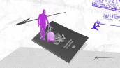 Ilustração traz um homem com uma mala sobre um passaporte para ilustrar reportagem sobre visto americano