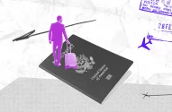 Ilustração traz um homem com uma mala sobre um passaporte para ilustrar reportagem sobre visto americano