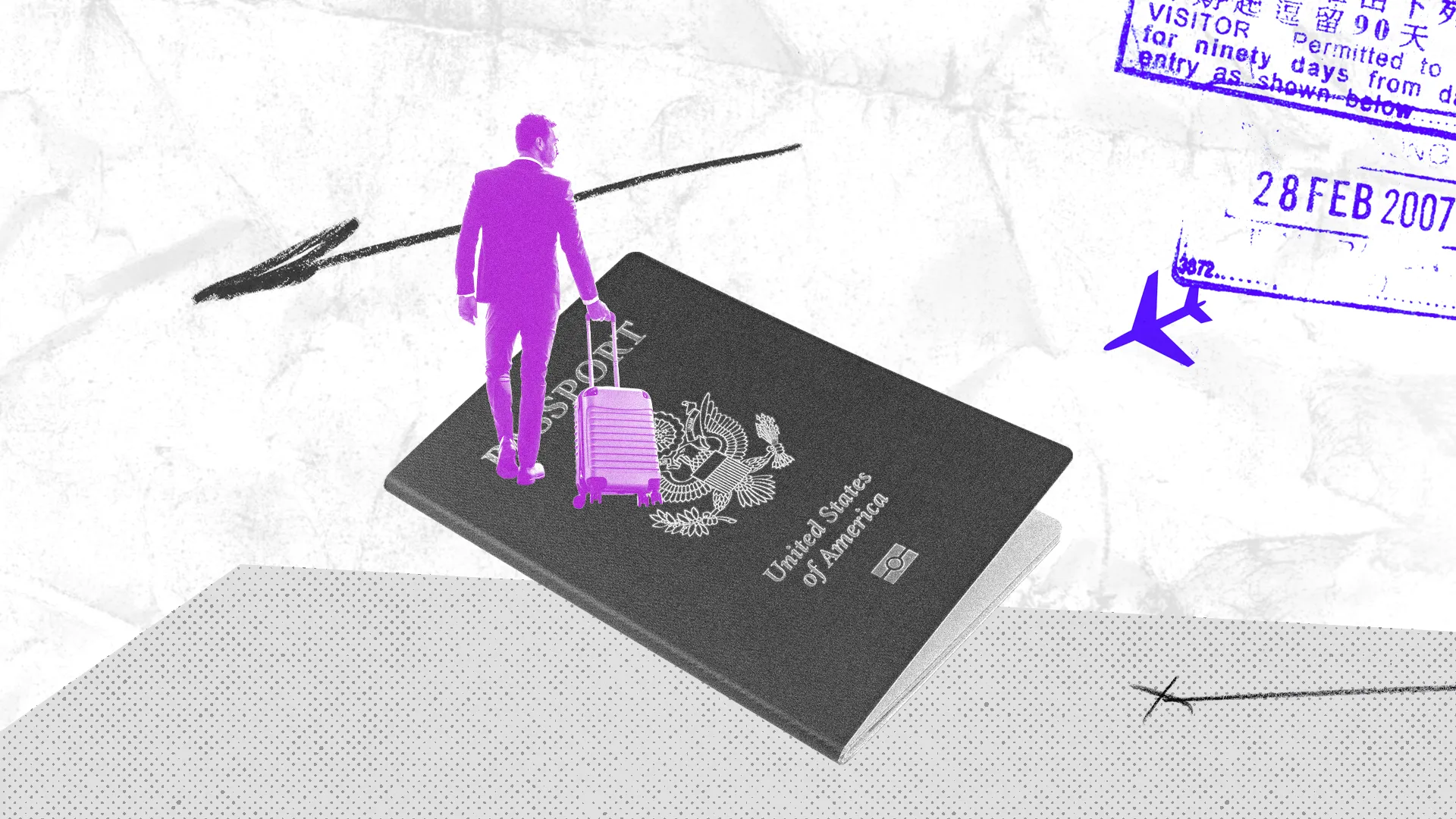 Ilustração traz um homem com uma mala sobre um passaporte para ilustrar reportagem sobre visto americano