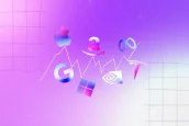A imagem mostra um fundo com gradiente em tons de roxo e rosa, sobre o qual há um gráfico de linha ascendente. Logotipos de empresas de tecnologia, como Apple, Google, Microsoft, Amazon, Meta, Nvidia e Tesla, aparecem com efeito de degradê holográfico. Grades sutis nas laterais reforçam o tema de dados ou análise de mercado.