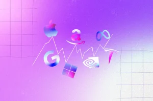 A imagem mostra um fundo com gradiente em tons de roxo e rosa, sobre o qual há um gráfico de linha ascendente. Logotipos de empresas de tecnologia, como Apple, Google, Microsoft, Amazon, Meta, Nvidia e Tesla, aparecem com efeito de degradê holográfico. Grades sutis nas laterais reforçam o tema de dados ou análise de mercado.