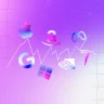 A imagem mostra um fundo com gradiente em tons de roxo e rosa, sobre o qual há um gráfico de linha ascendente. Logotipos de empresas de tecnologia, como Apple, Google, Microsoft, Amazon, Meta, Nvidia e Tesla, aparecem com efeito de degradê holográfico. Grades sutis nas laterais reforçam o tema de dados ou análise de mercado.