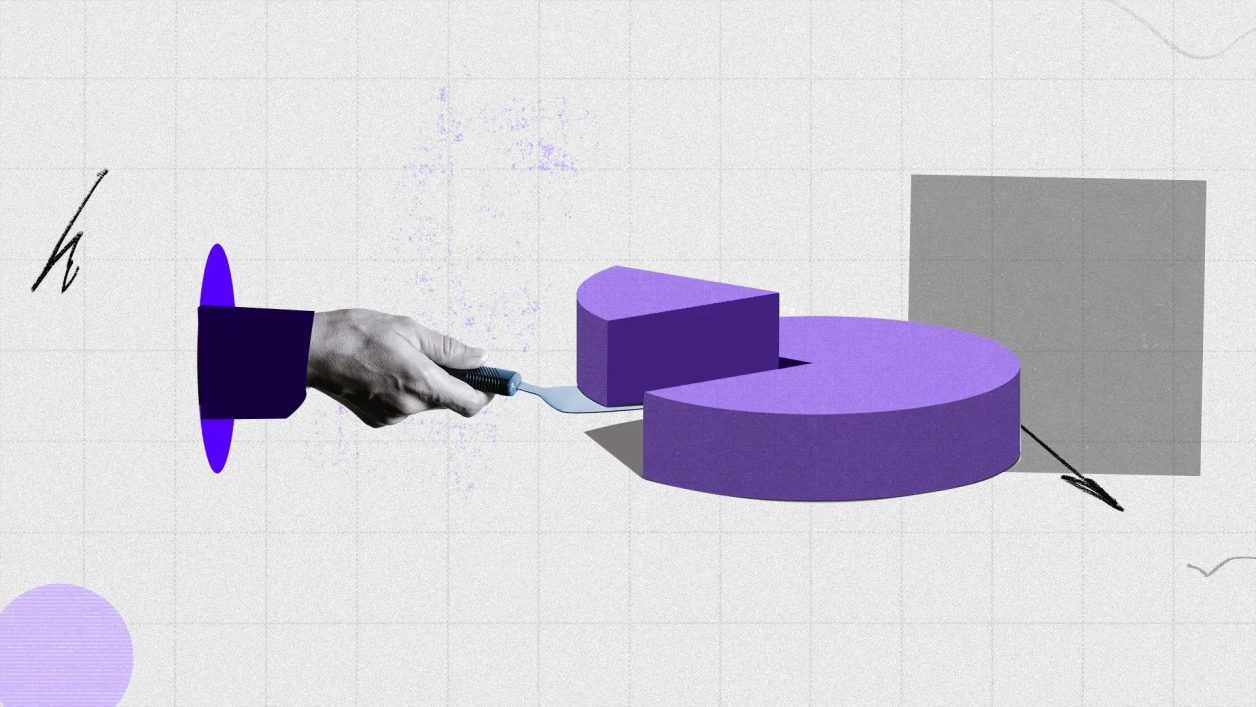 Ilustração de uma mão com uma pá de bolo tirando um pedaço de um bolo roxo