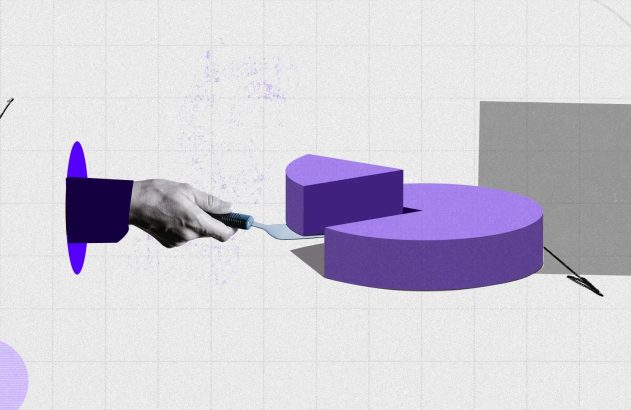 Ilustração de uma mão com uma pá de bolo tirando um pedaço de um bolo roxo