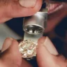 Funcionário usa uma lupa para inspecionar um diamante natural polido em uma oficina no Diamond District de Londres, especializada em joias sob medida