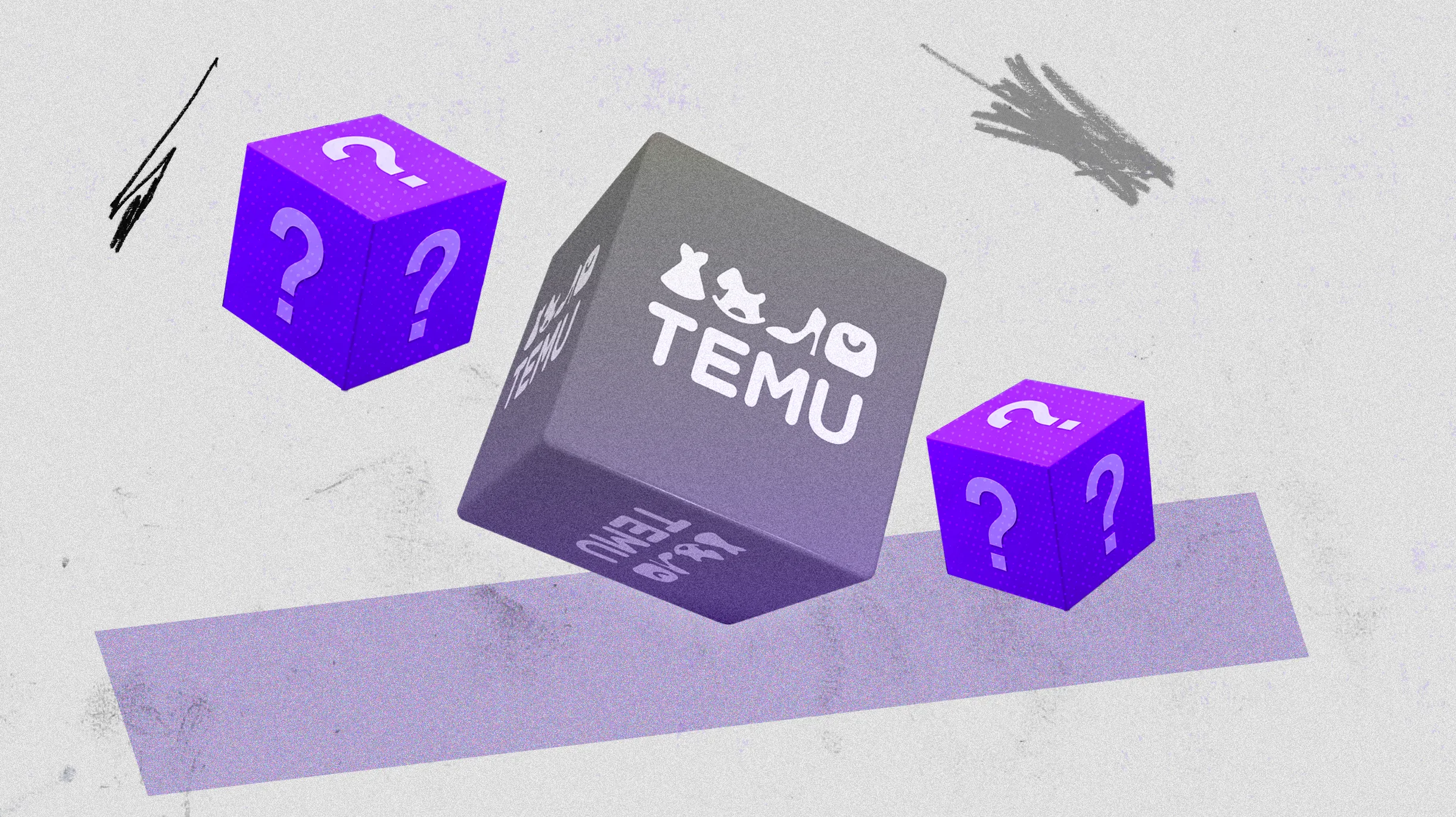 A imagem apresenta três cubos sobre um fundo claro e texturizado. No centro, está um cubo cinza com a palavra "TEMU" em branco e ícones de vestido, chapéu, sapato e bolsa. Ao redor, dois cubos roxos com pontos de interrogação em branco nas faces visíveis. As sombras dos cubos acrescentam profundidade, e um rabisco preto aparece no canto superior esquerdo.