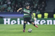A imagem mostra um jogador de futebol em um campo, vestindo uniforme listrado verde e preto, shorts e meias pretas. Ele está prestes a chutar uma bola, com o pé direito levantado. Ao fundo, há espectadores e uma placa publicitária da Heineken em um estádio.