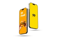 Dois celulares co fundo amarelo mostram o logo da 99 Food