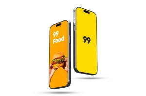 Dois celulares co fundo amarelo mostram o logo da 99 Food
