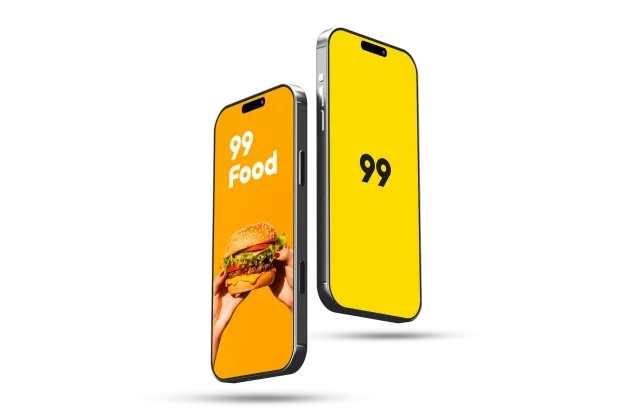 Dois celulares co fundo amarelo mostram o logo da 99 Food