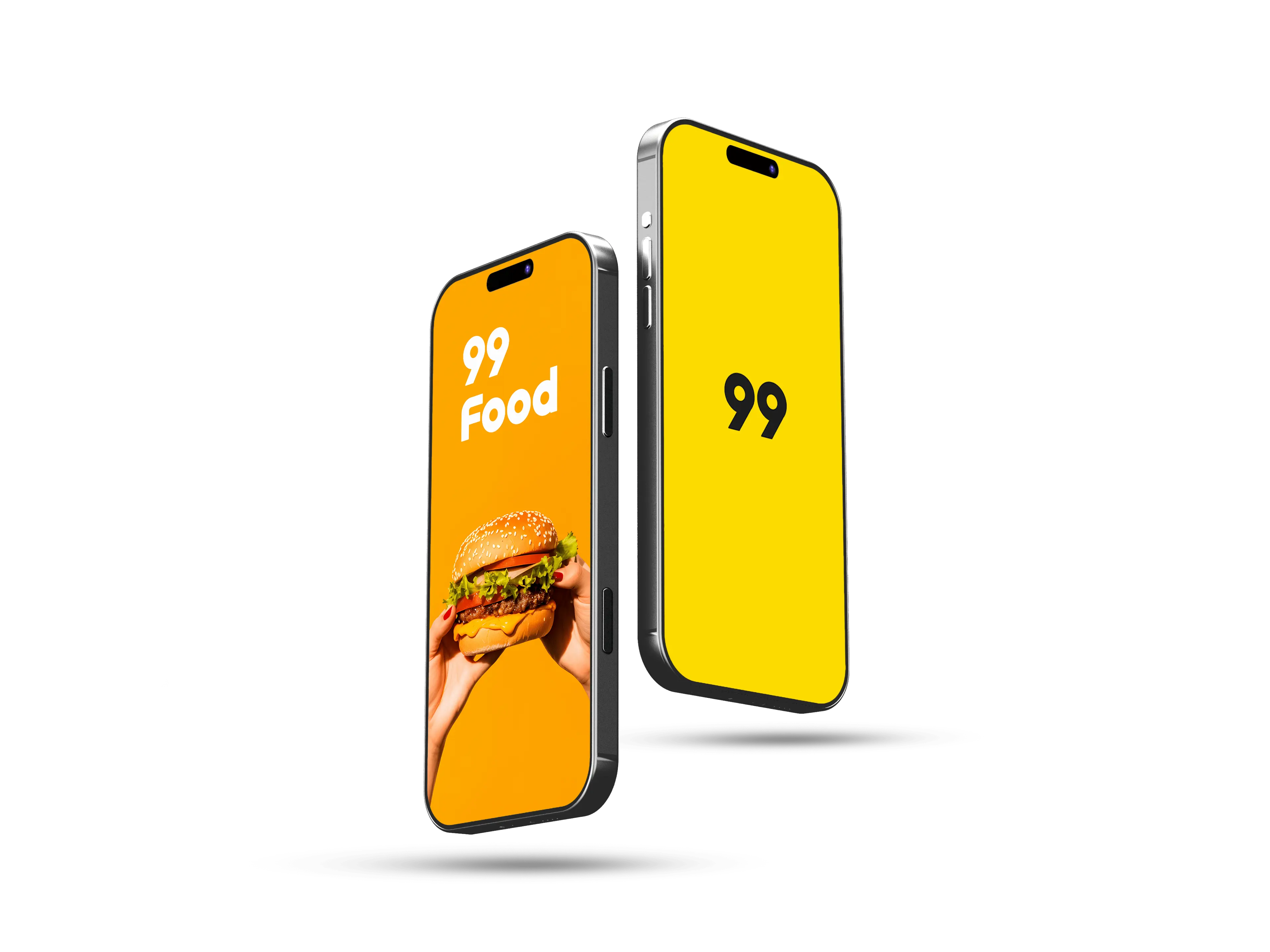 Dois celulares co fundo amarelo mostram o logo da 99 Food