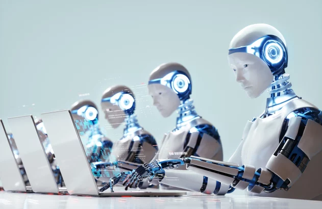 a group of robots working on laptops