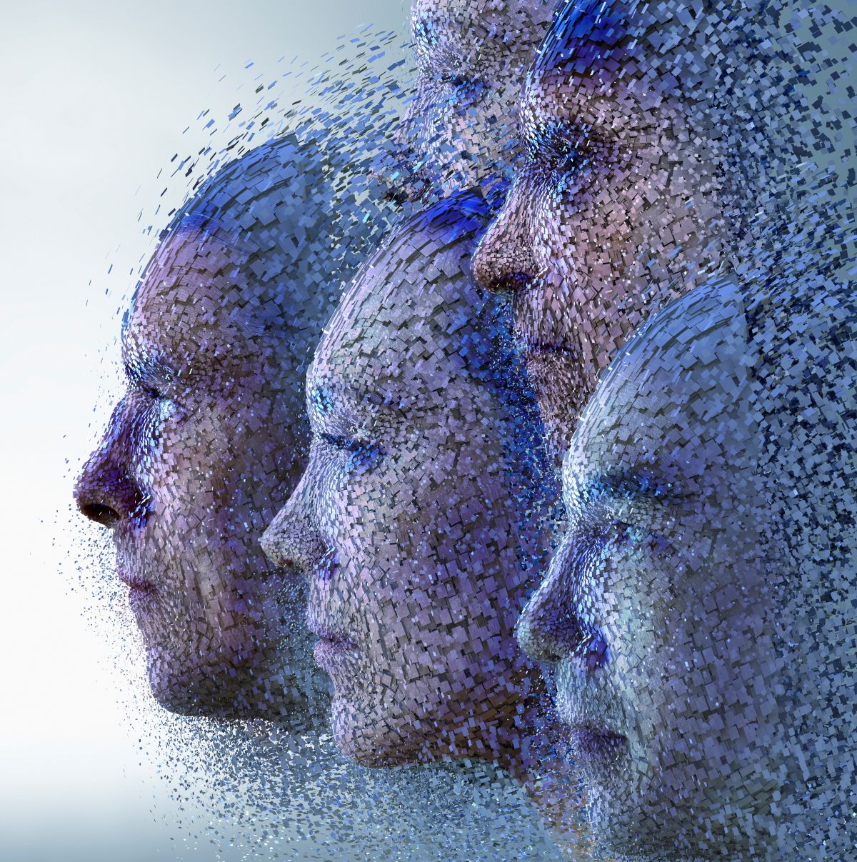 Rostos de perfil como se fossem robôs de inteligência artificial
