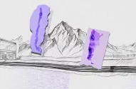 imagem com o fundo branco e mostra uma montanha ao centro e os mapas da argentina e do chile no estilo colagem