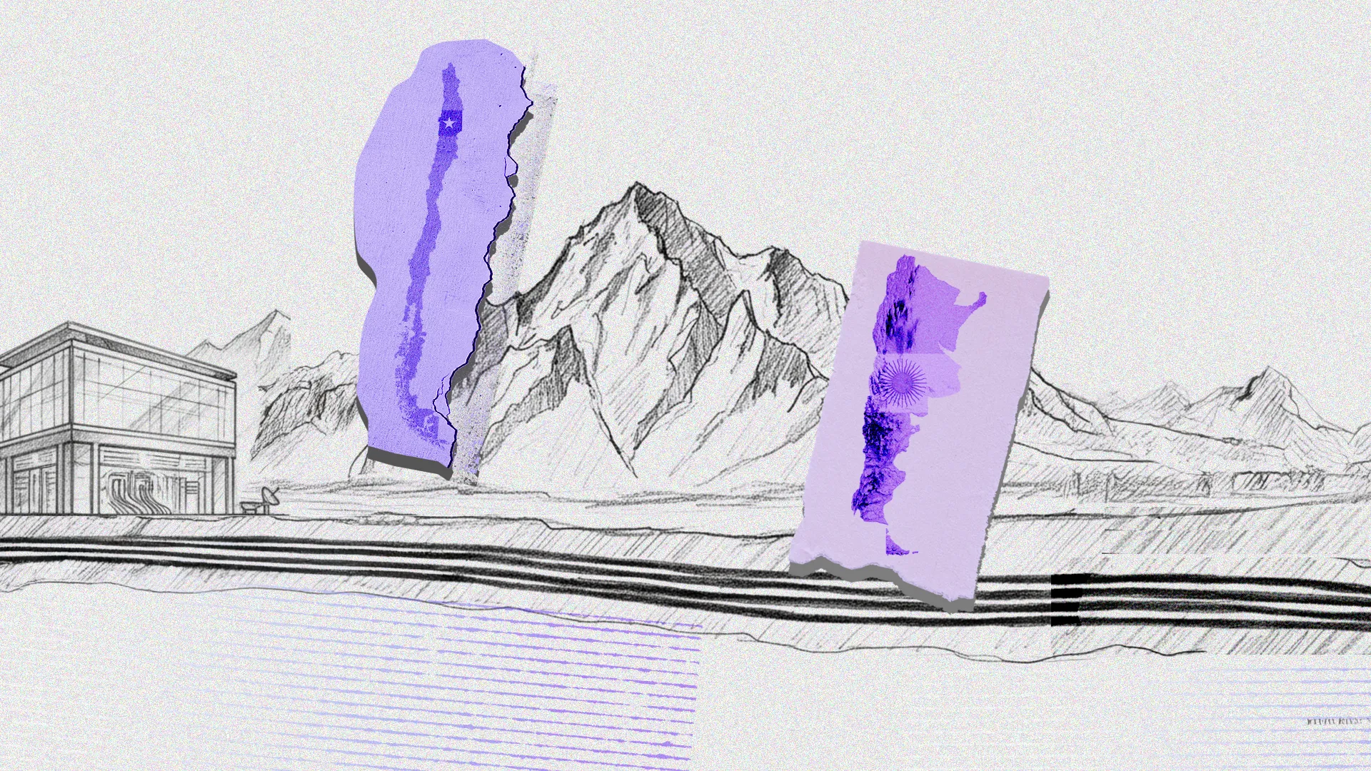 imagem com o fundo branco e mostra uma montanha ao centro e os mapas da argentina e do chile no estilo colagem